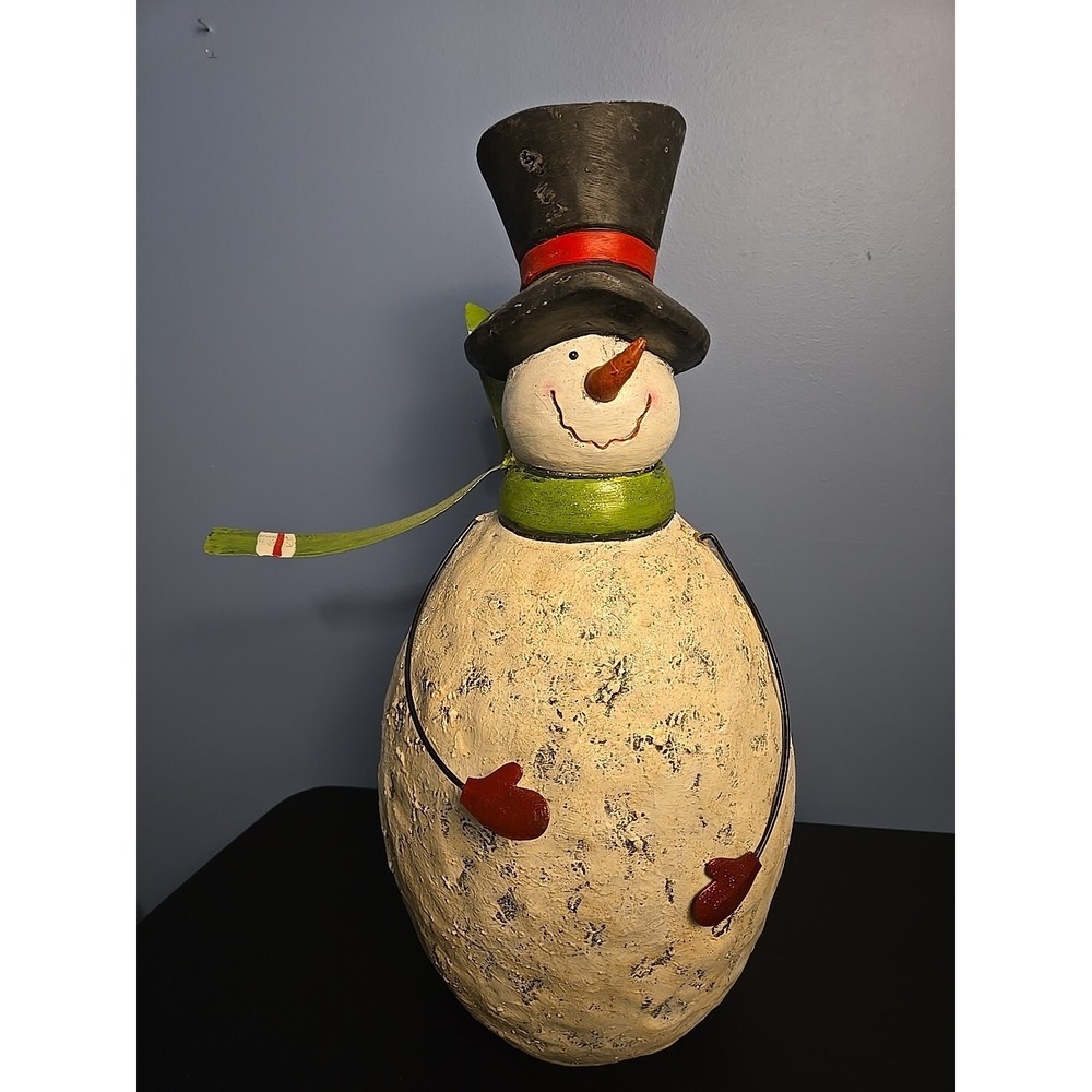 Snowman with Black Hat figurine 20" Tall, Metal Scarf And Hands With Red Mittens